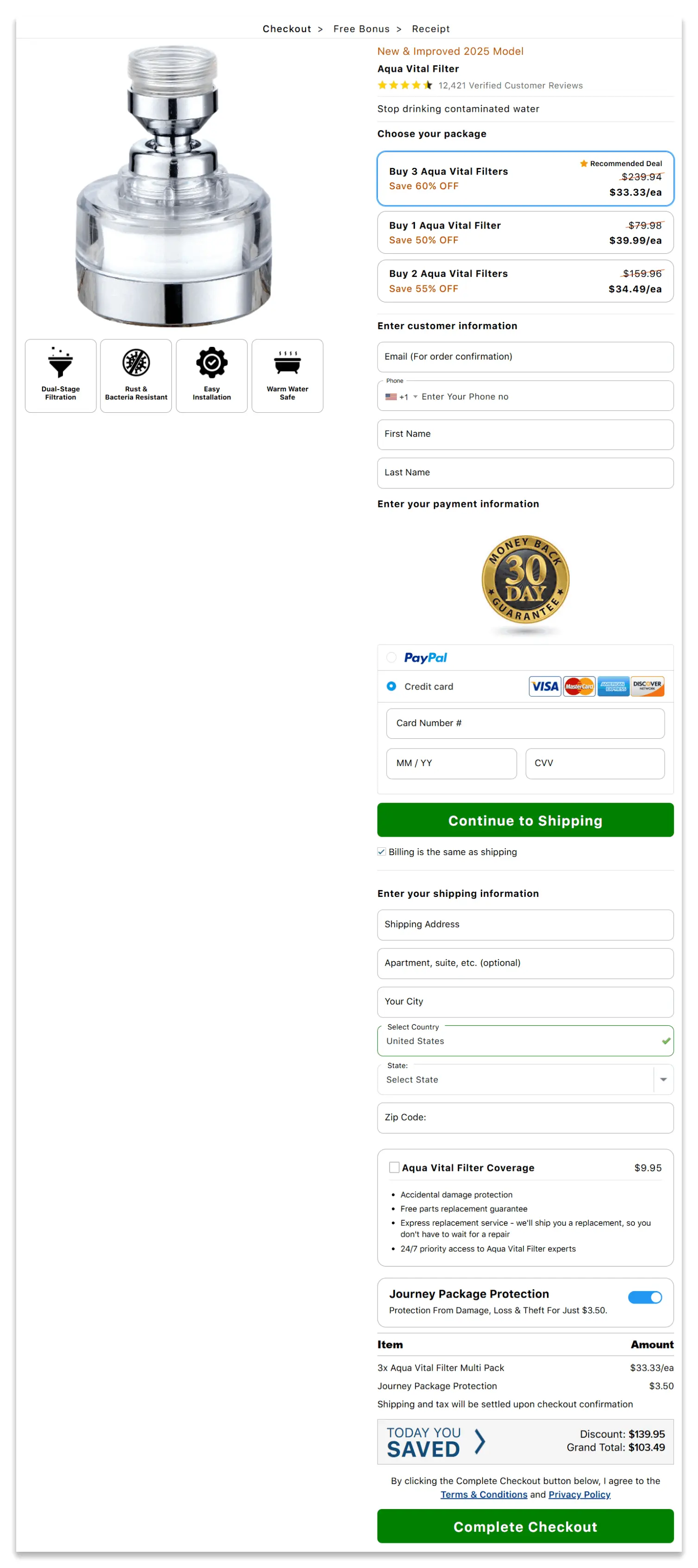 Aqua Vital Filter secure checkout page